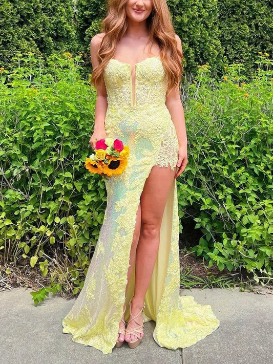 Mermaid V-neck Sequined Sweep Train Prom Dresses With Split gh2872