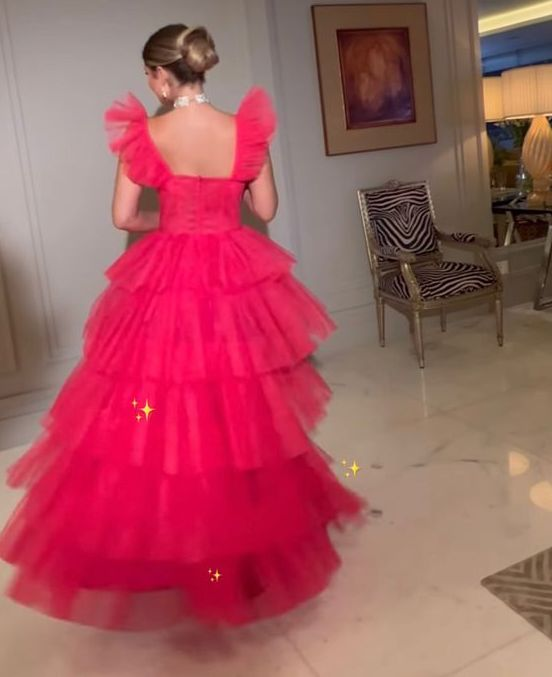 Pink elegant cute A-line long tiered ball gown fashionable evening dress gh2813