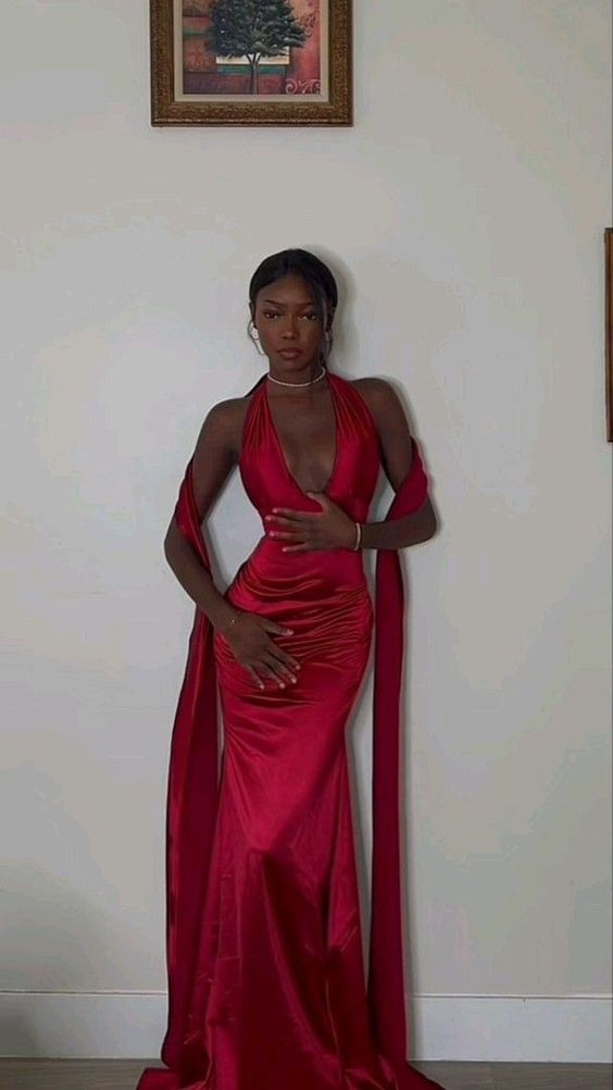 Red sexy elegant mermaid V neck long satin prom dress evening gown party dress gh2997