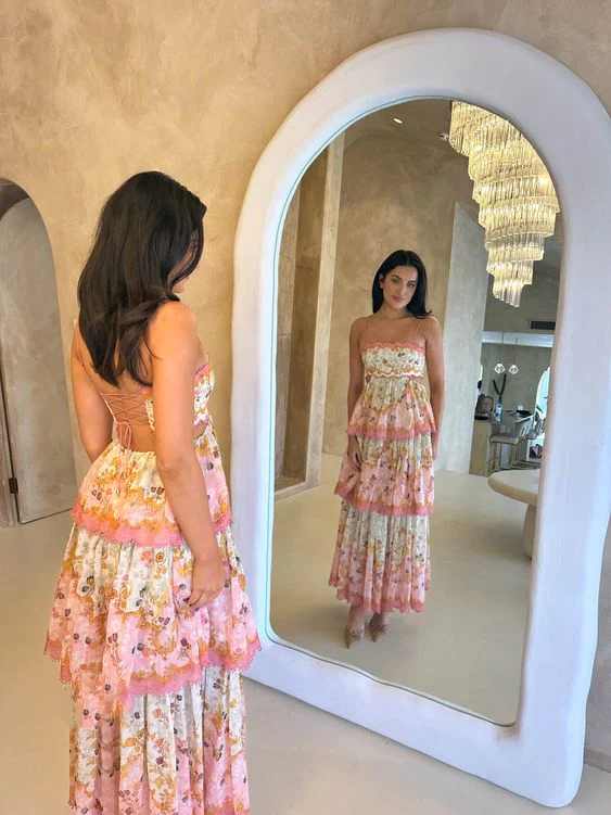 Orange fashion sweet floral layered lace long prom dress evening gown garden party dress gh2895
