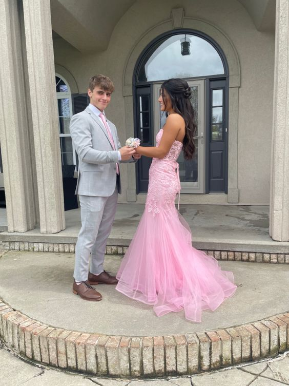 Pink strapless exquisite applique mermaid long tulle ball gown evening dress gh3002