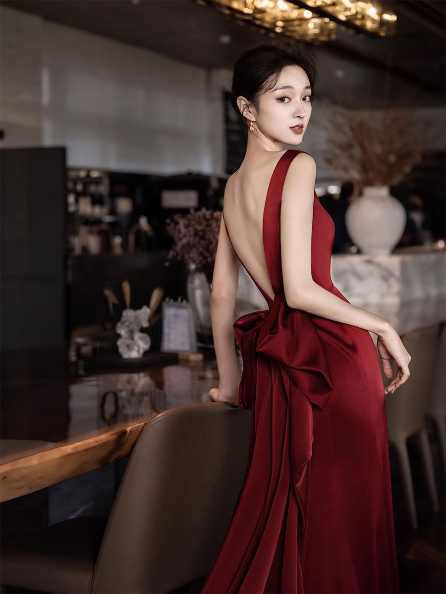 Simple Mermaid V neckline Party Dresses Long Burgundy Prom Dresses P730