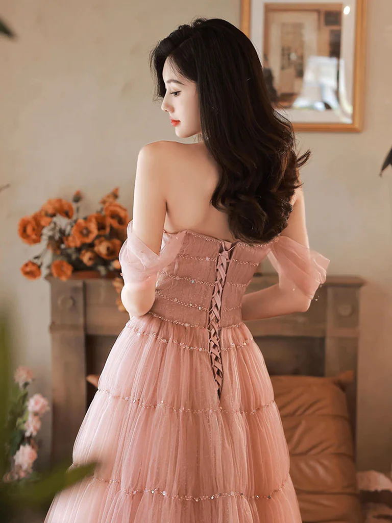 Simple A-Line Pink Off Shoulder Long Prom Dress P741