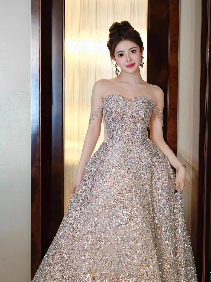 A line Straps Evening Party Dress Sequin Long Prom Dress P779