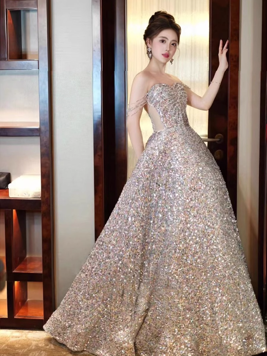 A line Straps Evening Party Dress Sequin Long Prom Dress P779