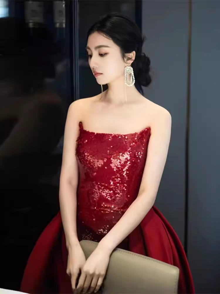 Sexy Mermaid Strapless Sleeveless Party Dress Red Long Prom Dress P864