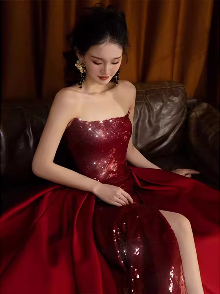 Sexy Mermaid Strapless Sleeveless Party Dress Red Long Prom Dress P864