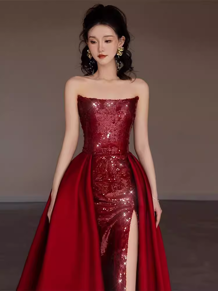Sexy Mermaid Strapless Sleeveless Party Dress Red Long Prom Dress P864