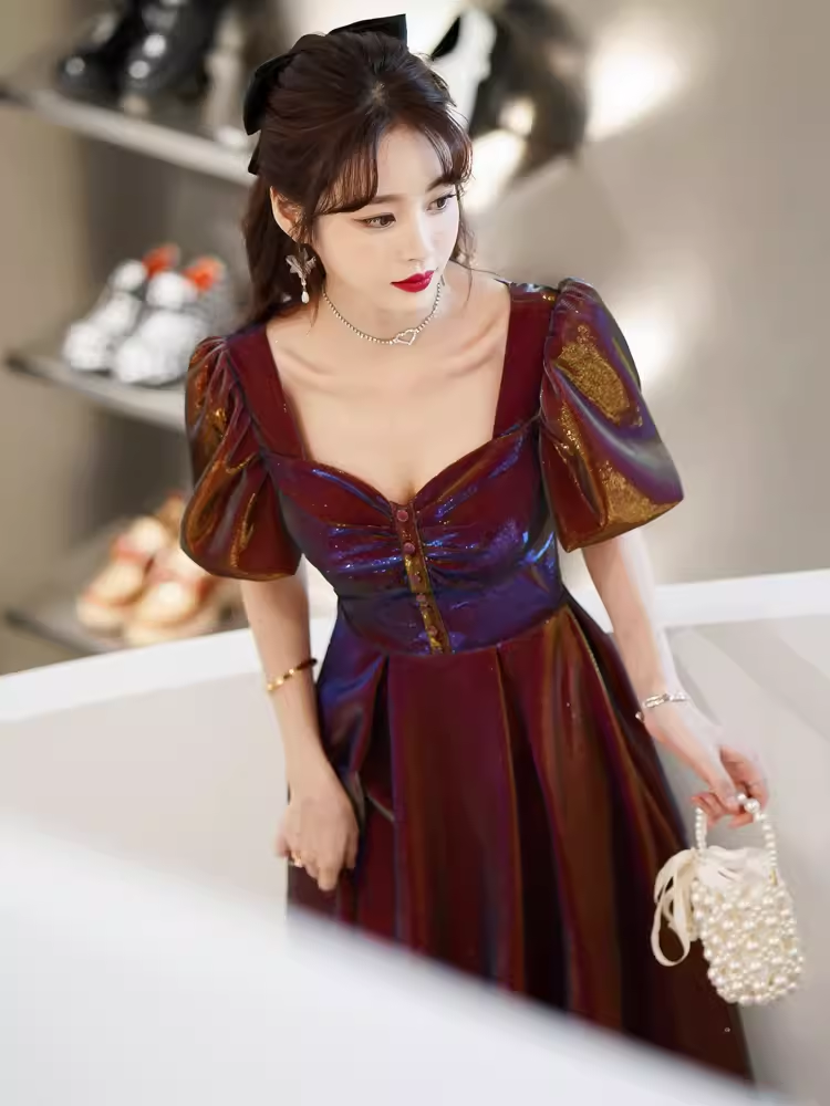 A Line Square Party Dress Knee Length Burgundy Prom Dress P867