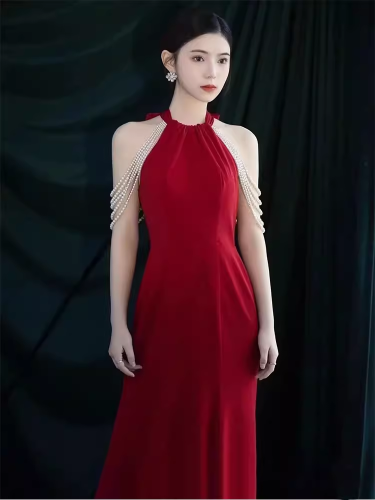 Mermaid Halter Party Dress Red Long Prom Dress P870
