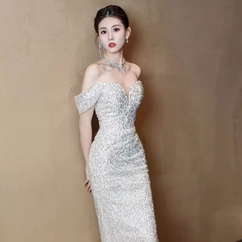Mermaid Off The Shoulder Sequin Party Dress Long Prom Dress P873