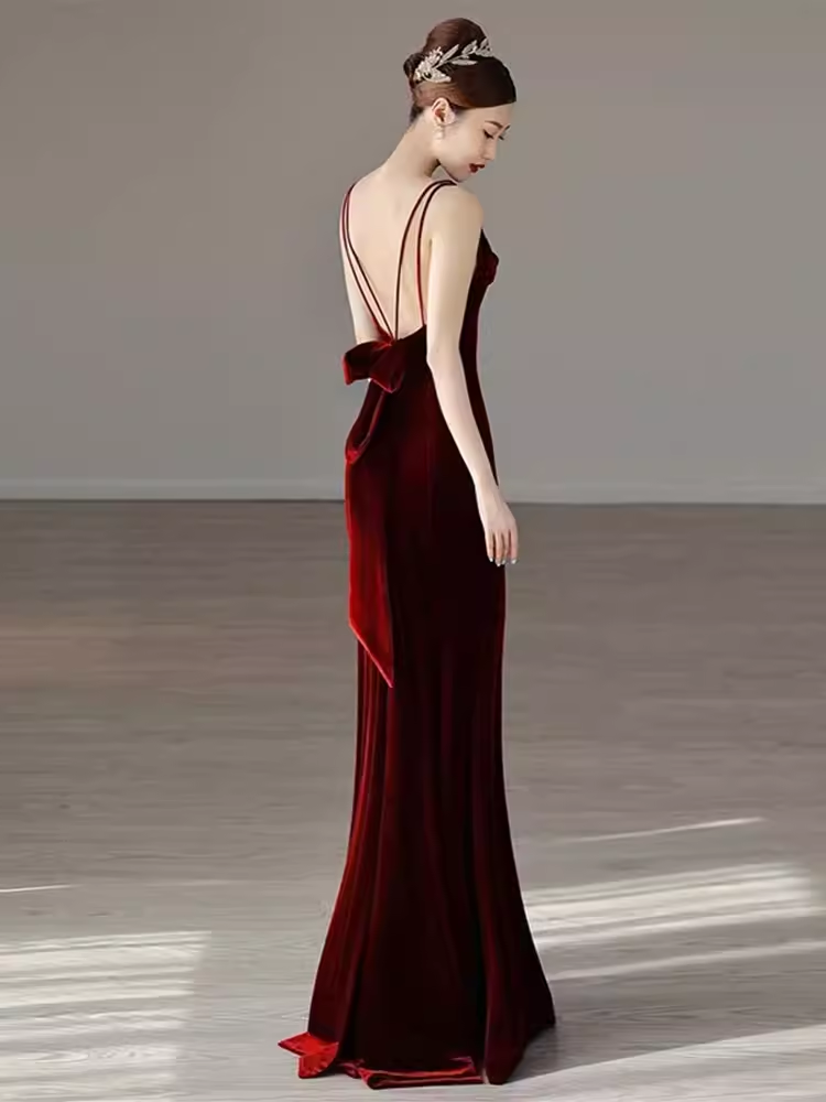 Mermaid Straps Velvet Red Party Dress Long Backless Prom Dress P876