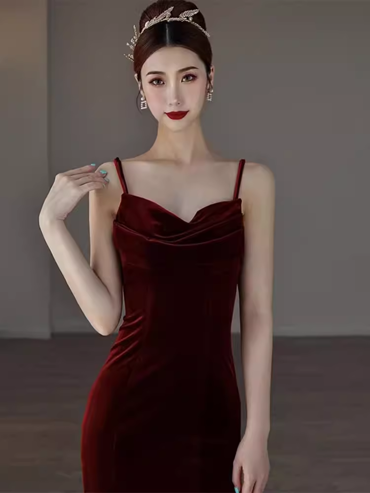 Mermaid Straps Velvet Red Party Dress Long Backless Prom Dress P876