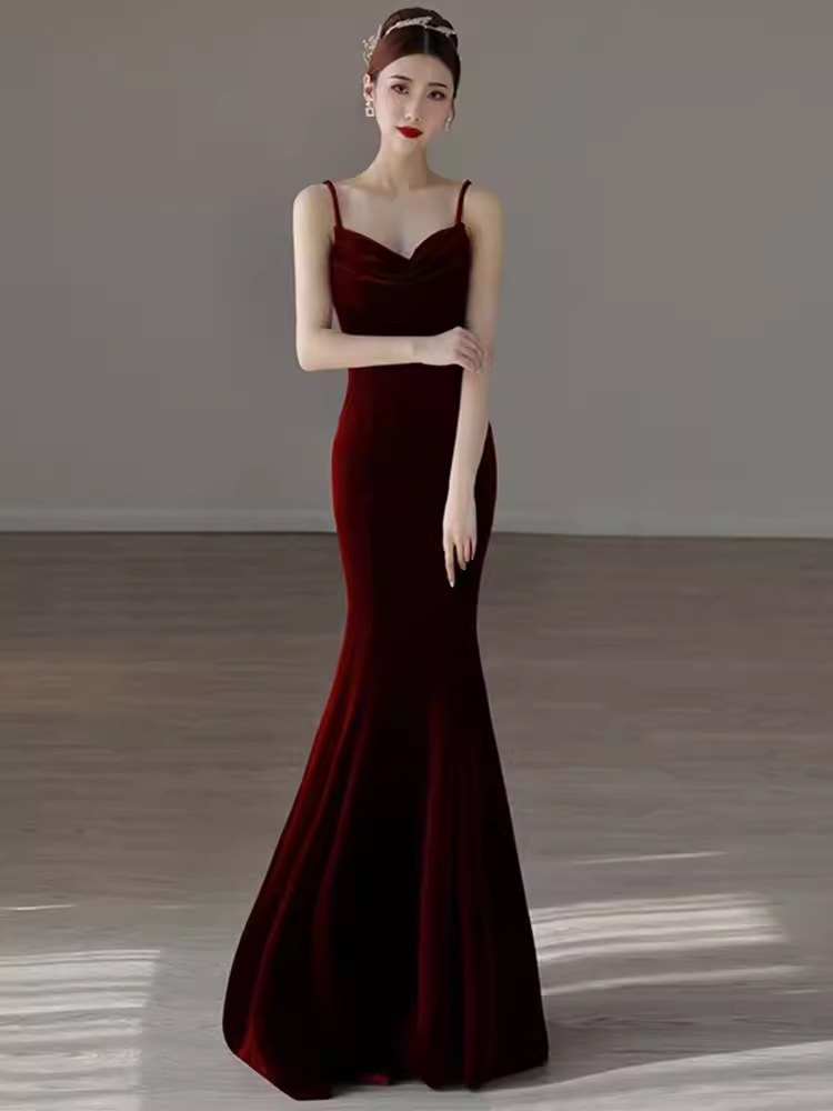Mermaid Straps Velvet Red Party Dress Long Backless Prom Dress P876