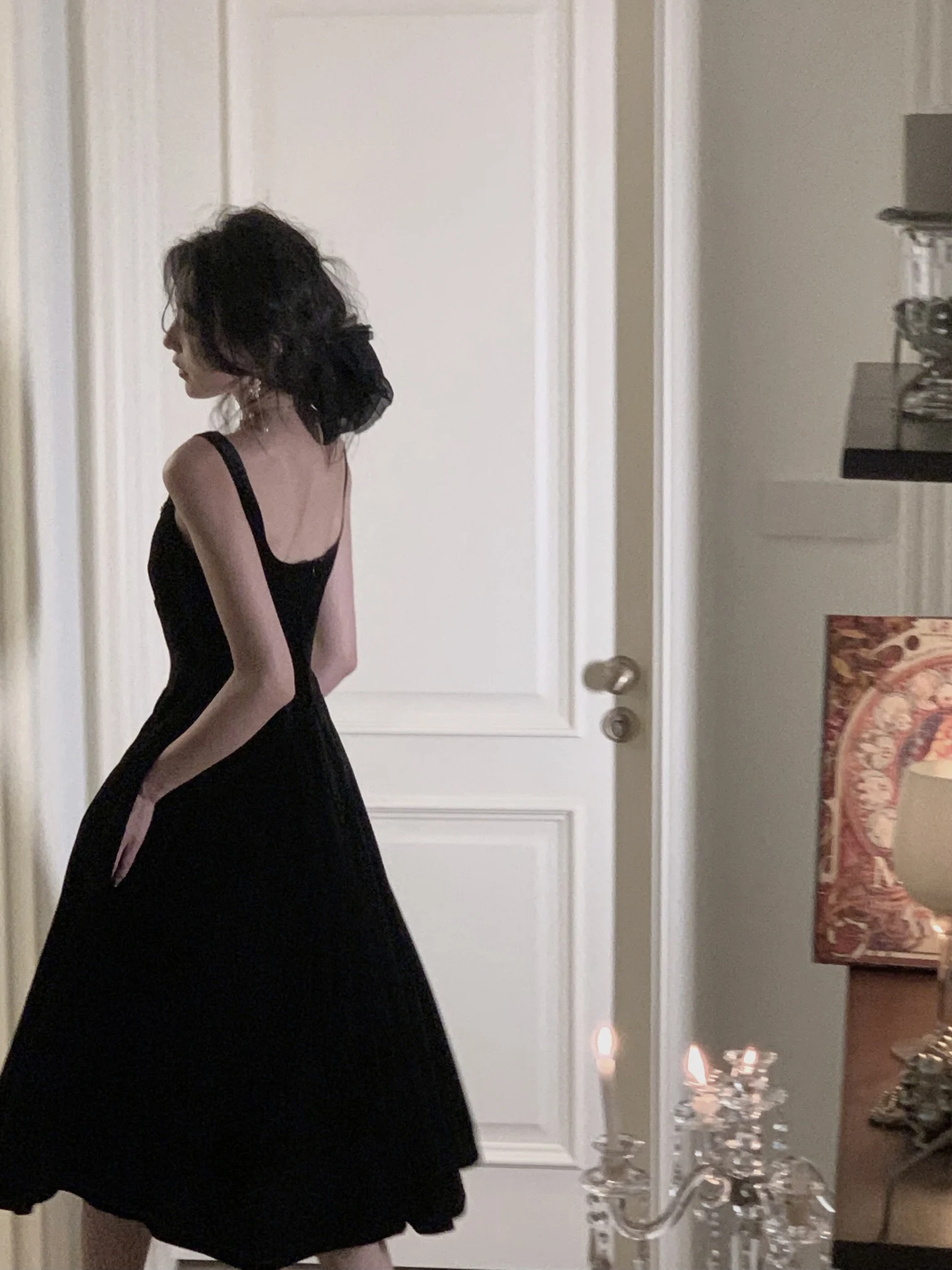 Elegant Spaghetti Strap Velvet Vintage Black Dress Women Birthday Outfits P941