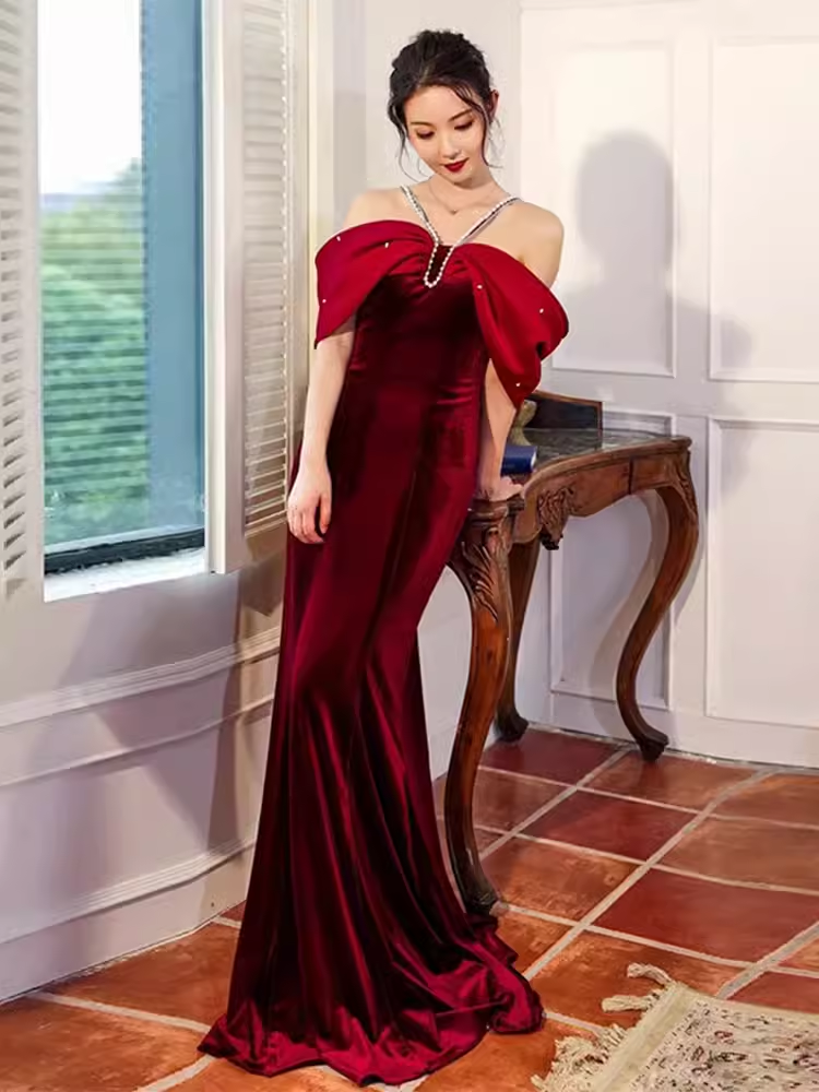 Mermaid Halter Red Velvet Party Dress Long Prom Dress P879