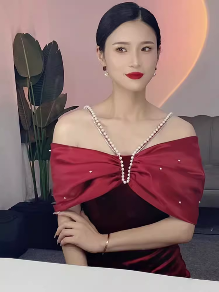 Mermaid Halter Red Velvet Party Dress Long Prom Dress P879