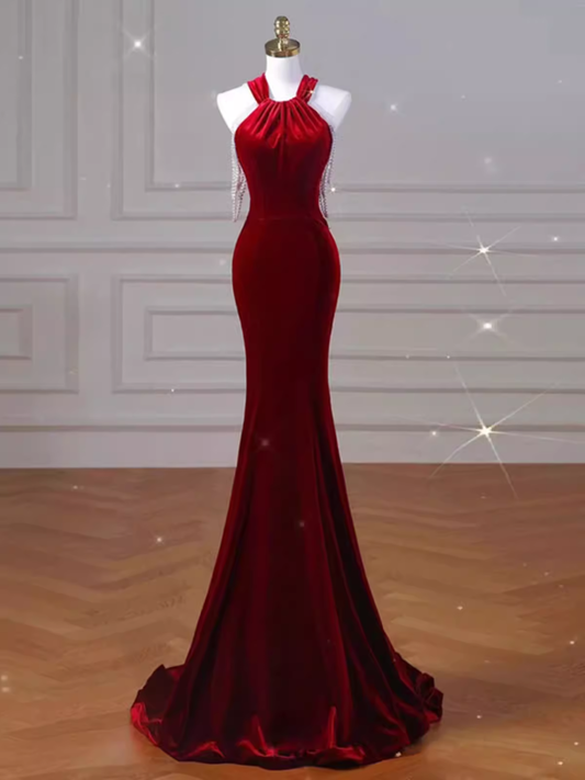 Sexy Mermaid Velvet Party Dresses Red Prom Dresses P954