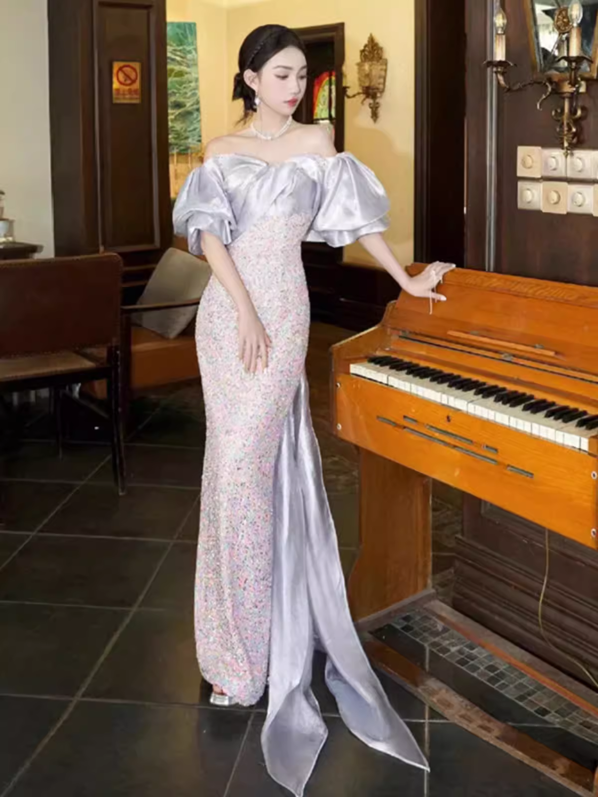 Sexy Mermaid Off The Shoulder Sequin Lilac Long Prom Dresses P1004