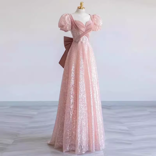 Princess A line Pink Short Sleeves Sequin Long Prom Dresses P1007