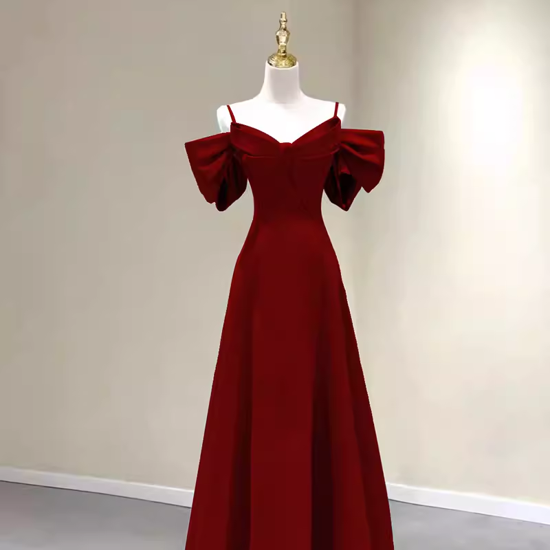 Simple A line Straps Red Satin Long Prom Dresses P1017