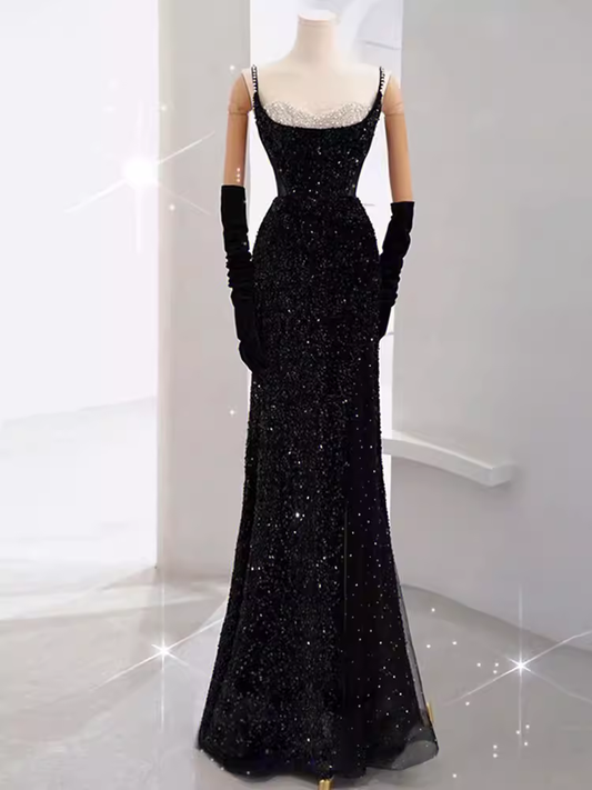 Mermaid Straps Sequin Black Backless Long Prom Dresses P1019
