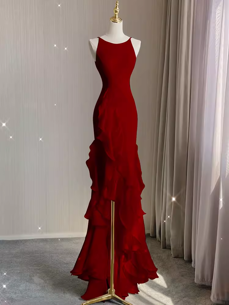 Simple Mermaid Red Chiffon Long Prom Dress P1054