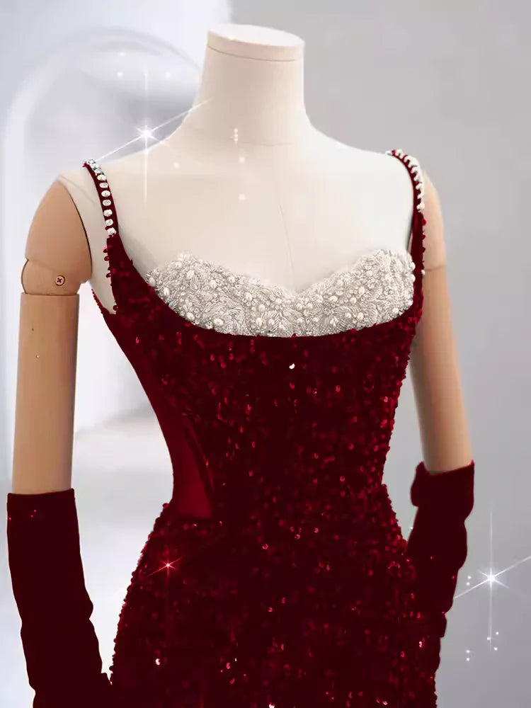 preppydressess-Burgundy Shiny Elegant Long Sequined Ball Gown Evening Dress Party Dress gh5027