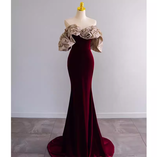 Mermaid Strapless Wine Red Long Prom Dress P1136