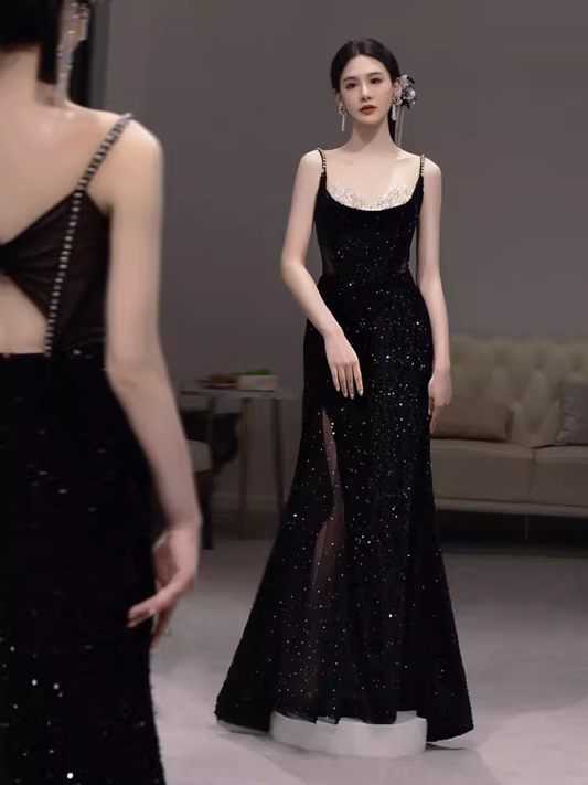 Mermaid Straps Sequin Black Backless Long Prom Dresses P1137