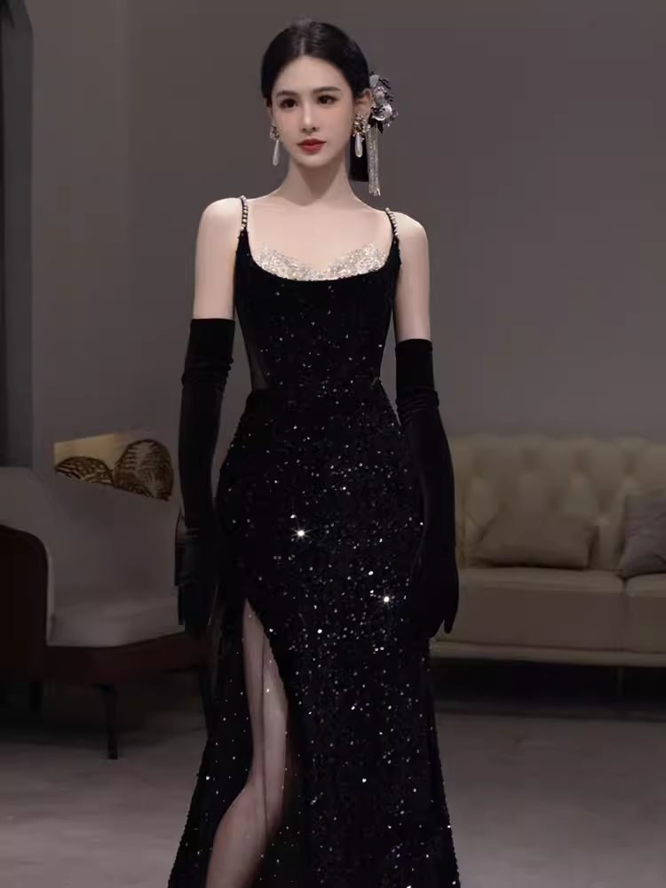 Mermaid Straps Sequin Black Backless Long Prom Dresses P1137