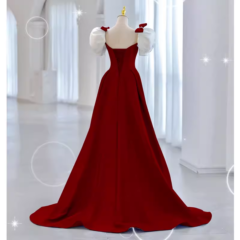 Modest A Line Long Short Sleeves Satin Red Prom Dresses P1235