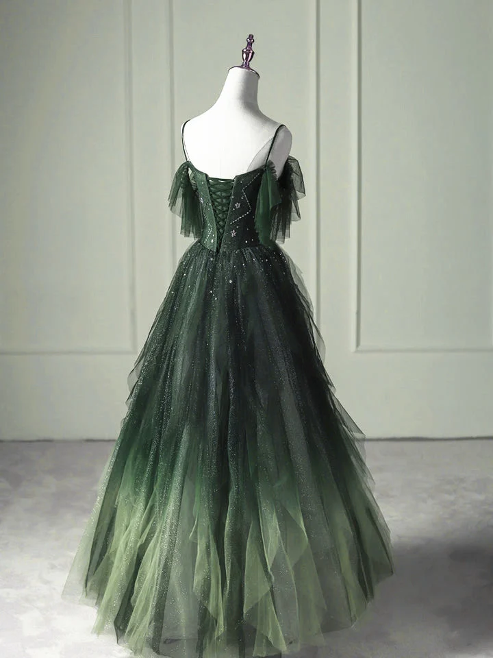 Green Beaded Straps Tulle Layers Long Prom Dress Green Formal Dress P1305