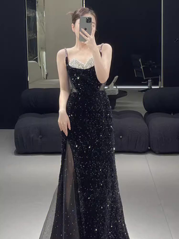 Beautiful Mermaid Straps Slit Black Long Prom Dress P1323