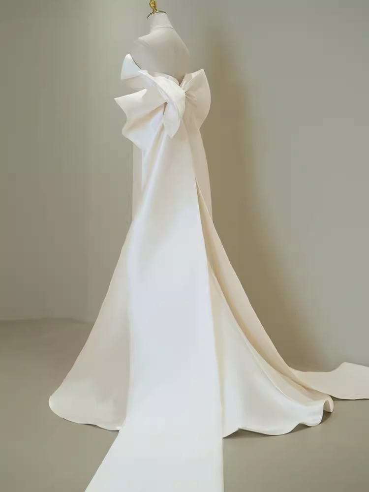 Vintage Mermaid Strapless Long White Satin Wedding Dresses With Bowknot P1326