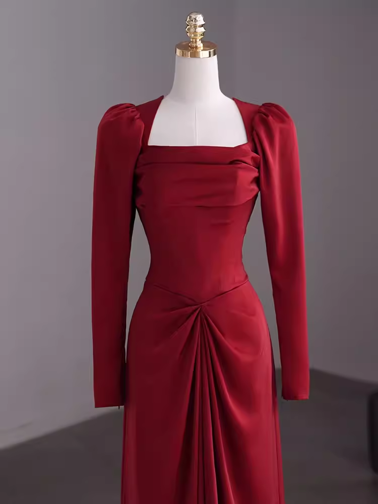 Simple Sheath Long Sleeves Red Prom Dress Evening Dress P1364