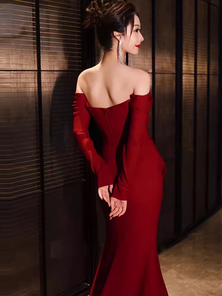 Simple Mermaid Off The Shoulder Long Red Prom Dress P1422