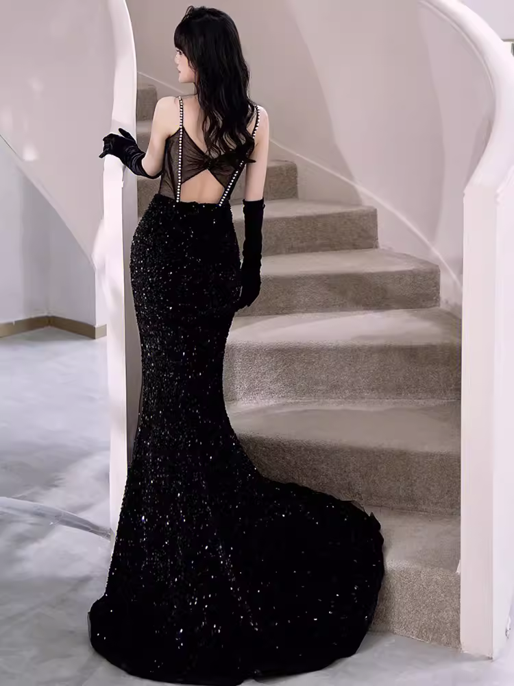 Modest Mermaid Straps Sleeveless Long Black Sequin Prom Dress P1425