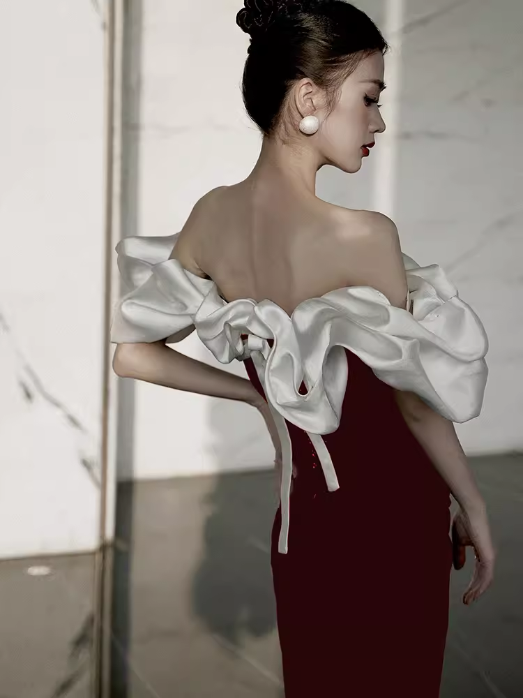 Modest Mermaid Off The Shoulder Long Red Satin Prom Dress P1427