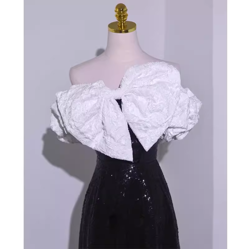 Sexy A line Off The Shoulder Long Black Sequin Prom Dress P1534