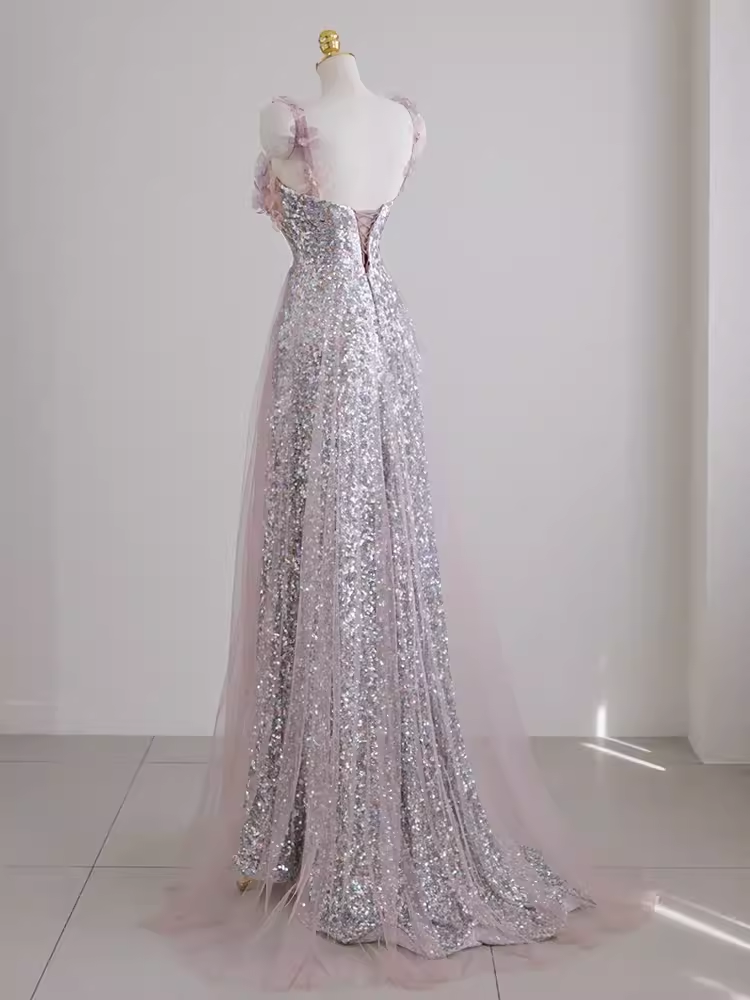 Sexy A line Straps Lilac Sequin Prom Dress P1532