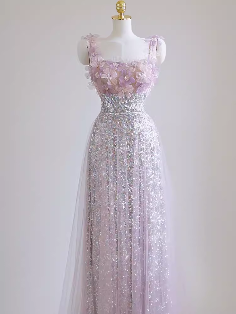 Sexy A line Straps Lilac Sequin Prom Dress P1532