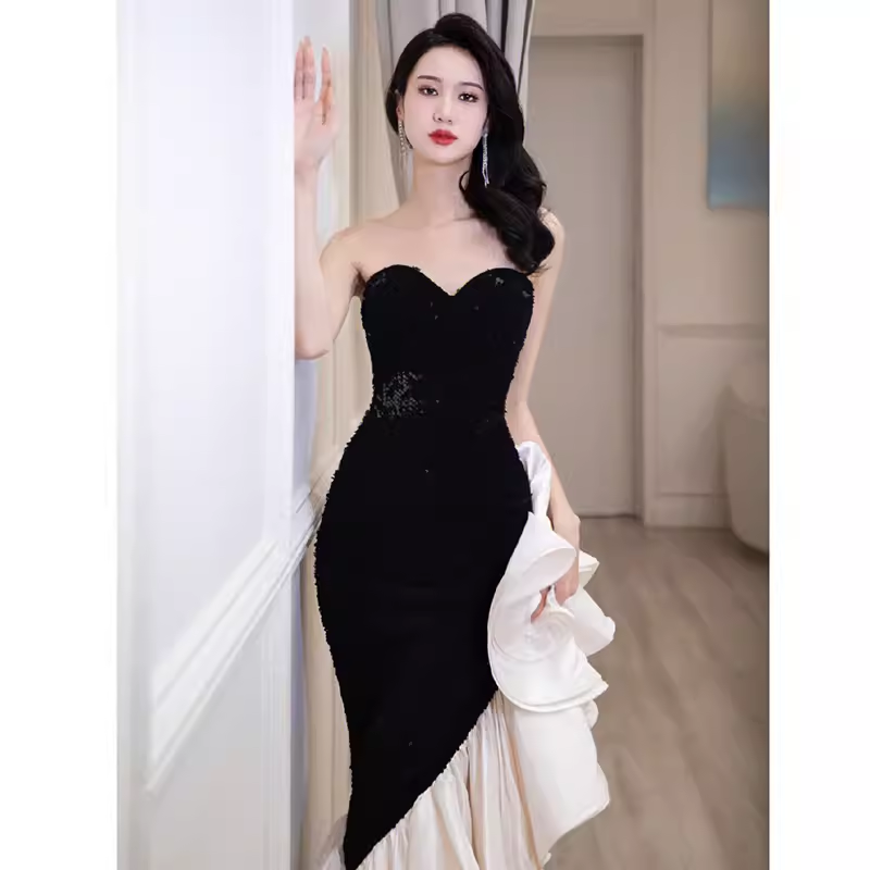 Sexy Mermaid Strapless Long Black Sequin Prom Dress P1533