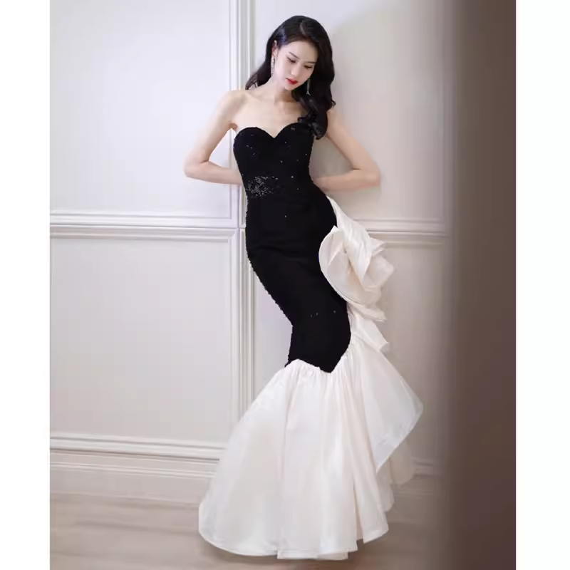 Sexy Mermaid Strapless Long Black Sequin Prom Dress P1533