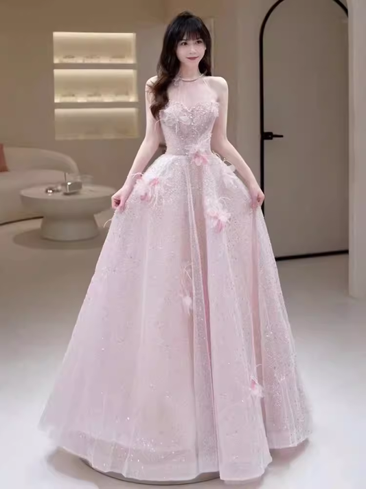 Princess Pink Sequin Long Prom Dress Party Dresses P1609