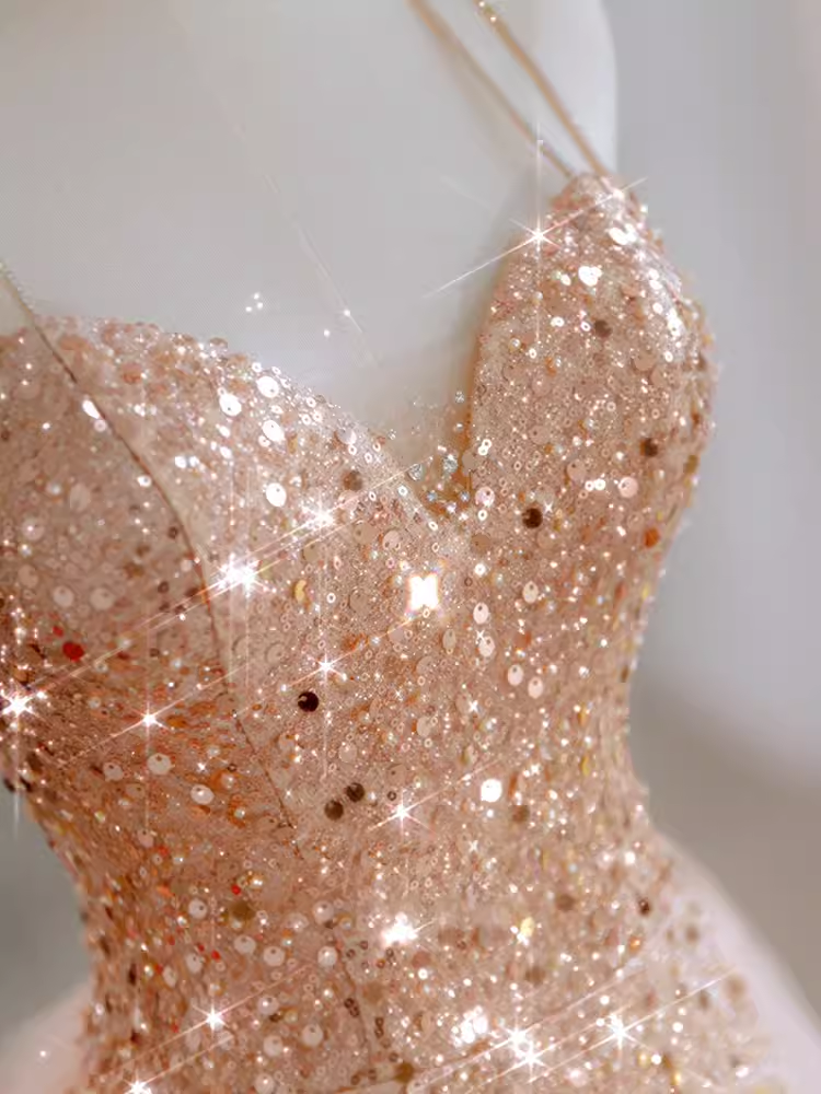 Sparkly Sheath Champagne Sequin Long Prom Dress Party Dresses P1614