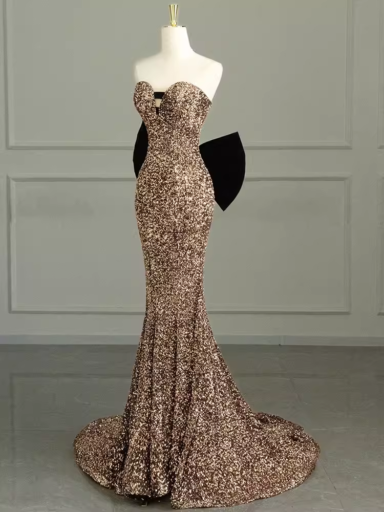 Sexy Mermaid Strapless Sequin Gold Floor Length Prom Dress P1711