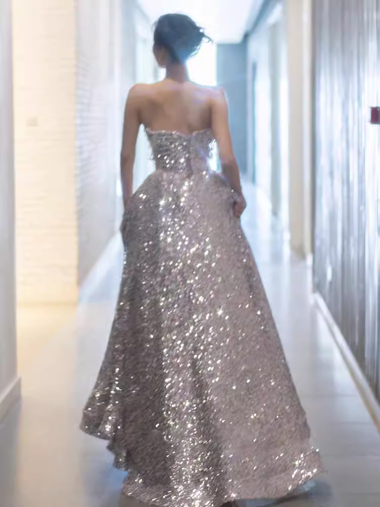 Gorgeous A line Strapless Sequin Silver Prom Dress P1881