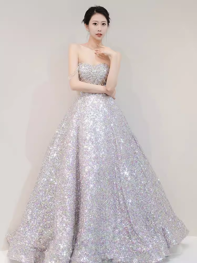 Gorgeous A line Strapless Sequin Silver Prom Dress P1881