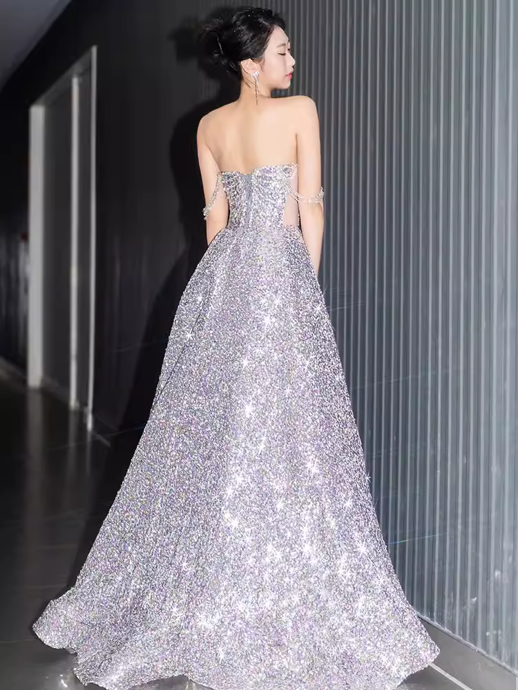 Gorgeous A line Strapless Sequin Silver Prom Dress P1881